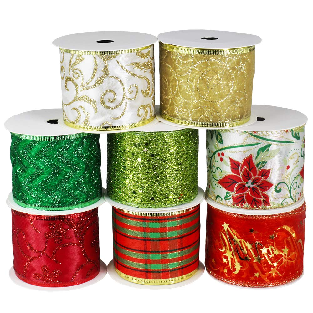 Xmas 細リボン付き小さいトリプル【1471】 Amazon.com: 48 Yards Assorted Christmas Ribbons - Plaid, Bow